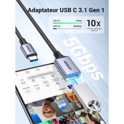 Uvert adaptateur usb c vers usb a 3.0 5gbps otg câble type-c mâle vers type-a femelle nylon tressé aluminium compatible avec iph