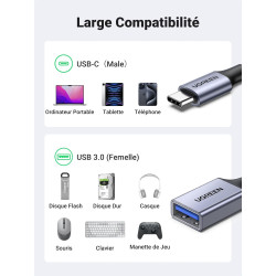 Uvert adaptateur usb c vers usb a 3.0 5gbps otg câble type-c mâle vers type-a femelle nylon tressé aluminium compatible avec iph