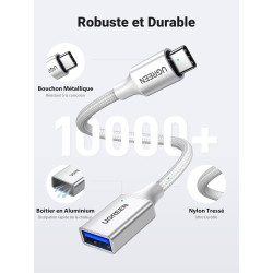 Uvert adaptateur usb c vers usb a 3.0 5gbps otg câble type-c mâle vers type-a femelle nylon tressé aluminium compatible avec iph