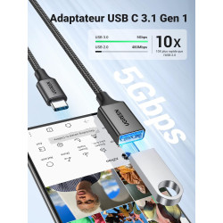 Uvert adaptateur usb c vers usb a 3.0 5gbps otg câble type-c mâle vers type-a femelle nylon tressé aluminium compatible avec iph
