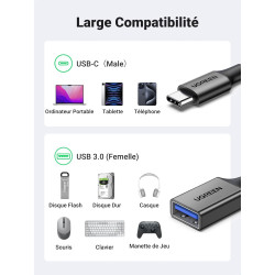 Uvert adaptateur usb c vers usb a 3.0 5gbps otg câble type-c mâle vers type-a femelle nylon tressé aluminium compatible avec iph
