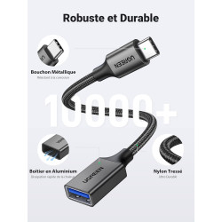 Uvert adaptateur usb c vers usb a 3.0 5gbps otg câble type-c mâle vers type-a femelle nylon tressé aluminium compatible avec iph