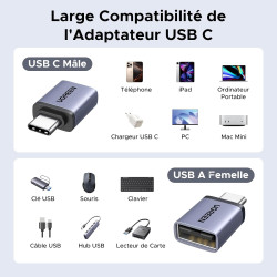 Uvert adaptateur usb c vers usb a otg 10gbps lot de 4 adaptateur type a vers type c charge rapide data sync compatible avec ipho