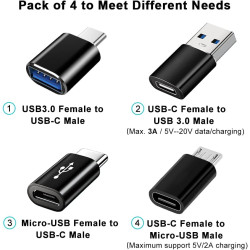 Adaptateurs USB C (Lot de 4), Adaptateur USB Type C vers USB 3.0 OTG, Adaptateur Micro USB vers USB C Compatible avec MacBook Pr