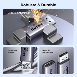 Uvert lot de 2 adaptateur displayport vers hdmi 4k 30hz 2k 60hz 1080p unidirectionnel convertisseur dp mâle vers hdmi femelle hd
