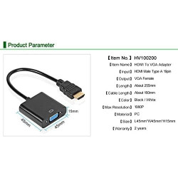 Alextry Adaptateur HDMI vers VGA Adaptateur convertisseur mâle vers Femelle 1080P pour Tablette PC Portable Noir