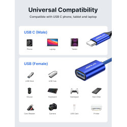 JSAUX Adaptateur USB A vers USB C, Adaptateur de Câble USB C OTG-Bleu