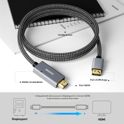 BENFEI 4K Câble DisplayPort vers HDMI 1.8M, [coque en aluminium, nylon tressé], Unidirectionnel Display Port vers HDMI compatibl