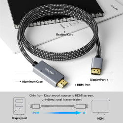 BENFEI 4K Câble DisplayPort vers HDMI 1.8M, [coque en aluminium, nylon tressé], Unidirectionnel Display Port vers HDMI compatibl