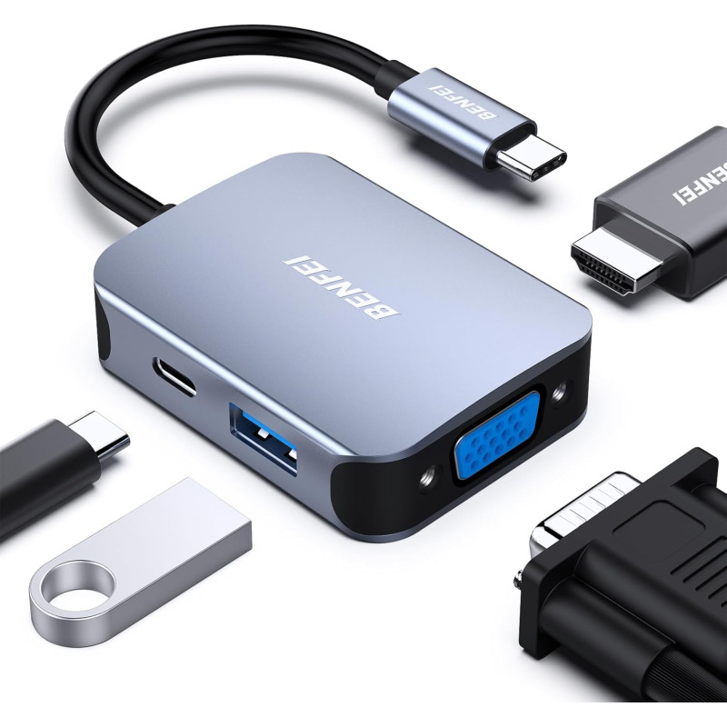 HUB USB C 4 en 1, BENFEI adaptateur USB C vers HDMI VGA, adaptateur USB Type-C vers USB, compatible pour MacBook Pro/Air, iPhone