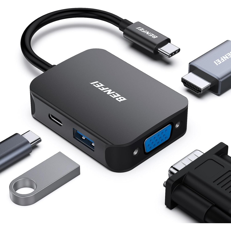 HUB USB C 4 en 1, BENFEI adaptateur USB C vers HDMI VGA, adaptateur USB Type-C vers USB, compatible pour MacBook Pro/Air, iPhone