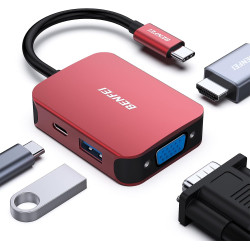 HUB USB C 4 en 1, BENFEI adaptateur USB C vers HDMI VGA, adaptateur USB Type-C vers USB, compatible pour MacBook Pro/Air, iPhone