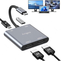 Switch HDMI, USB C vers Dual HDMI Adapter 4K@60Hz, Splitter hdmi 2 Sorties, 2 Ports Hdmi 4K, PD Port, USB 3.0 Port Pour Ordinate