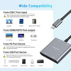 Switch HDMI, USB C vers Dual HDMI Adapter 4K@60Hz, Splitter hdmi 2 Sorties, 2 Ports Hdmi 4K, PD Port, USB 3.0 Port Pour Ordinate
