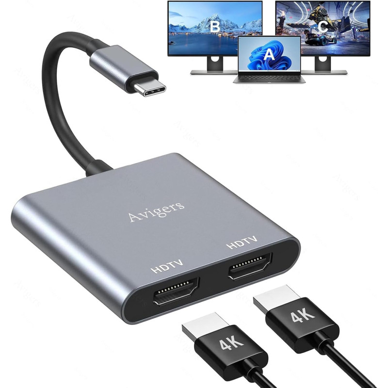 Avigers Répartiteur HDMI 1 en 2 sorties - Adaptateur USB C vers HDMI - 2 moniteurs - Commutateur HDMI avec 2 ports HDMI pour ord
