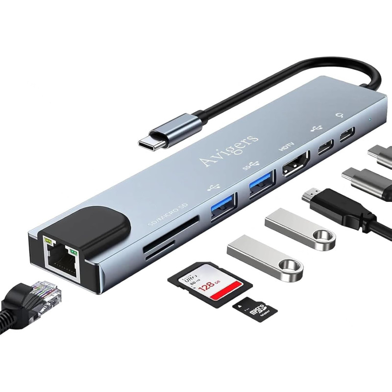 8 en 1 Hub/Adaptateur USB C avec RJ45 Ethernet, 4K HDMI, 100W PD, Lecture de Carte SD/TF, 2 Ports USB 3.0, Type C Adaptateur Mul