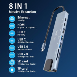8 en 1 Hub/Adaptateur USB C avec RJ45 Ethernet, 4K HDMI, 100W PD, Lecture de Carte SD/TF, 2 Ports USB 3.0, Type C Adaptateur Mul