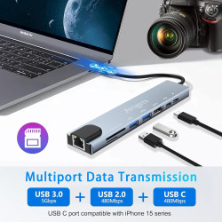 8 en 1 Hub/Adaptateur USB C avec RJ45 Ethernet, 4K HDMI, 100W PD, Lecture de Carte SD/TF, 2 Ports USB 3.0, Type C Adaptateur Mul