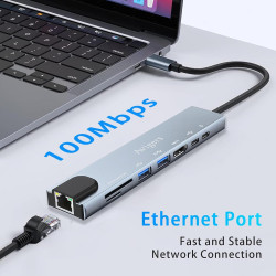 8 en 1 Hub/Adaptateur USB C avec RJ45 Ethernet, 4K HDMI, 100W PD, Lecture de Carte SD/TF, 2 Ports USB 3.0, Type C Adaptateur Mul