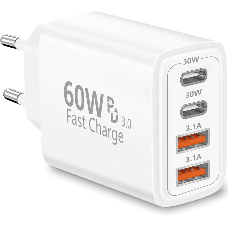 Chargeur USB C, Rombica 60W 4-Port Prise Chargeur Rapide USB C, Multiple Secteur Double PD+QC 3.1A Type C Adaptateur pour iPhone