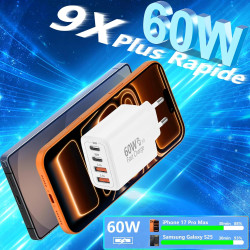 Chargeur USB C, Rombica 60W 4-Port Prise Chargeur Rapide USB C, Multiple Secteur Double PD+QC 3.1A Type C Adaptateur pour iPhone
