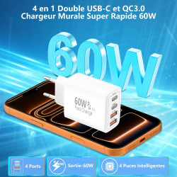 Chargeur USB C, Rombica 60W 4-Port Prise Chargeur Rapide USB C, Multiple Secteur Double PD+QC 3.1A Type C Adaptateur pour iPhone