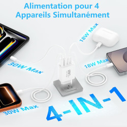 Chargeur USB C, Rombica 60W 4-Port Prise Chargeur Rapide USB C, Multiple Secteur Double PD+QC 3.1A Type C Adaptateur pour iPhone