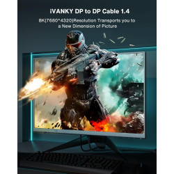 IVANKY Câble DisplayPort 1.4, 8K@60Hz, 4K@ 144Hz, 4K@75Hz y 1080@240Hz, Câble DisplayPort 1.4 Compatible avec HDR, FreeSync, G-S