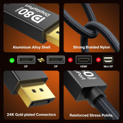IVANKY 80Gbps Câble DisplayPort 2.1, [Certifié VESA] Supporte 16K@60Hz, 8K@240Hz, 4K@480Hz, 16K DisplayPort Compatible avec Free