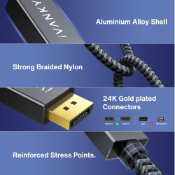 IVANKY Câble DisplayPort 16K 2.1/2.0 3M, 4K@240Hz/165Hz/144Hz, 16K@60Hz, 8K@120Hz, 2K@240Hz, Câble DP 2.0 Compatible avec HDR10,