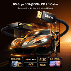 IVANKY 80Gbps Câble DisplayPort 2.1, Supporte 16K@60Hz, 8K@240Hz, 4K@480Hz, 16K DisplayPort Compatible avec FreeSync et G-Sync, 