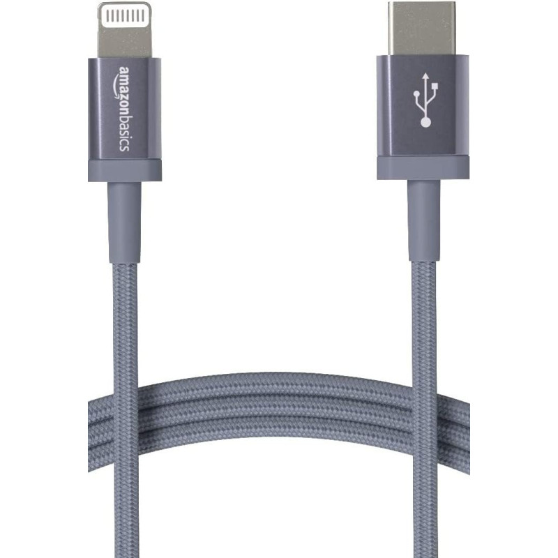 Amazon Basics Câble USB-C vers Lightning en nylon tressé, chargeur certifié MFi pour iPhone 13/12/11/X/XS/XR/8, 1.8 m, gris fonc