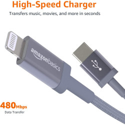 Amazon Basics Câble USB-C vers Lightning en nylon tressé, chargeur certifié MFi pour iPhone 13/12/11/X/XS/XR/8, 1.8 m, gris fonc