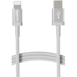 Amazon Basics Câble USB-C vers Lightning en nylon tressé, chargeur certifié MFi pour iPhone 13/12/11/X/XS/XR/8 - 1.8 m, argenté