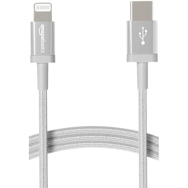 Amazon Basics Câble USB-C vers Lightning en nylon tressé, chargeur certifié MFi pour iPhone 13/12/11/X/XS/XR/8 - 1.8 m, argenté