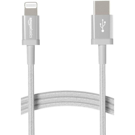 Amazon Basics Câble USB-C vers Lightning en nylon tressé, chargeur certifié MFi pour iPhone 13/12/11/X/XS/XR/8 - 1.8 m, argenté