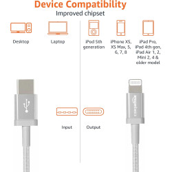 Amazon Basics Câble USB-C vers Lightning en nylon tressé, chargeur certifié MFi pour iPhone 13/12/11/X/XS/XR/8 - 1.8 m, argenté