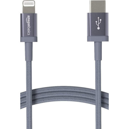Amazon Basics Câble USB-C vers Lightning en nylon tressé, chargeur certifié MFi pour iPhone 13/12/11/X/XS/XR/8, 0.9 m, gris fonc
