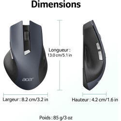 acer Souris sans Fil, Souris Ordinateur Ergonomique 2,4GHz avec Mini Récepteur USB, Wirless Mouse Optique USB,1600 DPI réglable,
