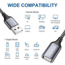 RAVIAD Câble Rallonge USB 2.0 3M, Câble Extension USB 2.0 Mâle A vers Femelle A Nylon Tressé Compatible pour Clé USB, Hub USB, D