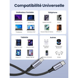 Uvert lot de 2 câble usb c vers usb c pd 100w 5a 20v charge rapide compatible avec macbook ipad pro iphone 17 pro max air 16 gal