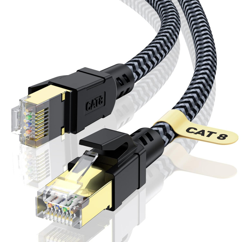 CABNEER Câble Ethernet 1,5M, RJ45 Cat 8 Câble Réseau 40Gbps 2000MHz Haut Débit Câble, Nylon Tressé Double Blindage LAN Câble Int