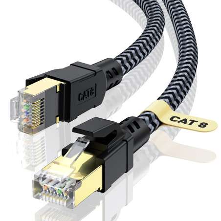 CABNEER Câble Ethernet 50M, RJ45 Cat 8 Câble Réseau 40Gbps 2000MHz Haut Débit Câble, Nylon Tressé Double Blindage LAN Câble Inte