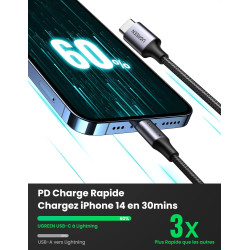 Uvert câble lightning vers usb c mfi certifié nylon tressé chargeur iphone rapide compatible avec iphone 14 plus pro max 13 12 1