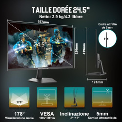 Minifire Écran Gaming 24.5″ IPS 200Hz – Écran Gamer FHD (1920×1080), 1ms, 120% sRGB, HDR10, Adaptive-Sync, HDMI/DisplayPort, VES