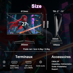 Minifire 27 Ecran PC Gamer,260Hz, Fast IPS Moniteur Gaming, QHD 2K 2560 x 1440p,1Ms, Écran Blanc, Freesync, 130% sRGB, HDR10, Fa