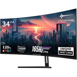 Minifire Écran PC Gaming Incurvé 34 Pouces, 2K UWQHD(3440x1440),1ms MPRT, 165Hz(DP), 100Hz(HDMI), AMD FreeSync, Moniteur Gaming 
