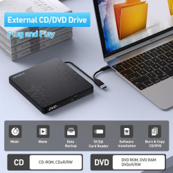6 en 1 Lecteur CD Externe pour PC, USB 3.0 Type C CD/DVD +/-RW Graveur DVD Externe avec Lecteur de Carte SD/TF, Mince Lecteur DV