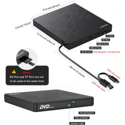 6 en 1 Lecteur CD Externe pour PC, USB 3.0 Type C CD/DVD +/-RW Graveur DVD Externe avec Lecteur de Carte SD/TF, Mince Lecteur DV