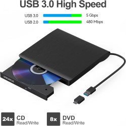 Lecteur CD Externe USB 3.0 et Type-C Portable CD/DVD +/-RW Graveur DVD Externe, Ultra Mince Lecteur DVD Externe pour PC Laptop D